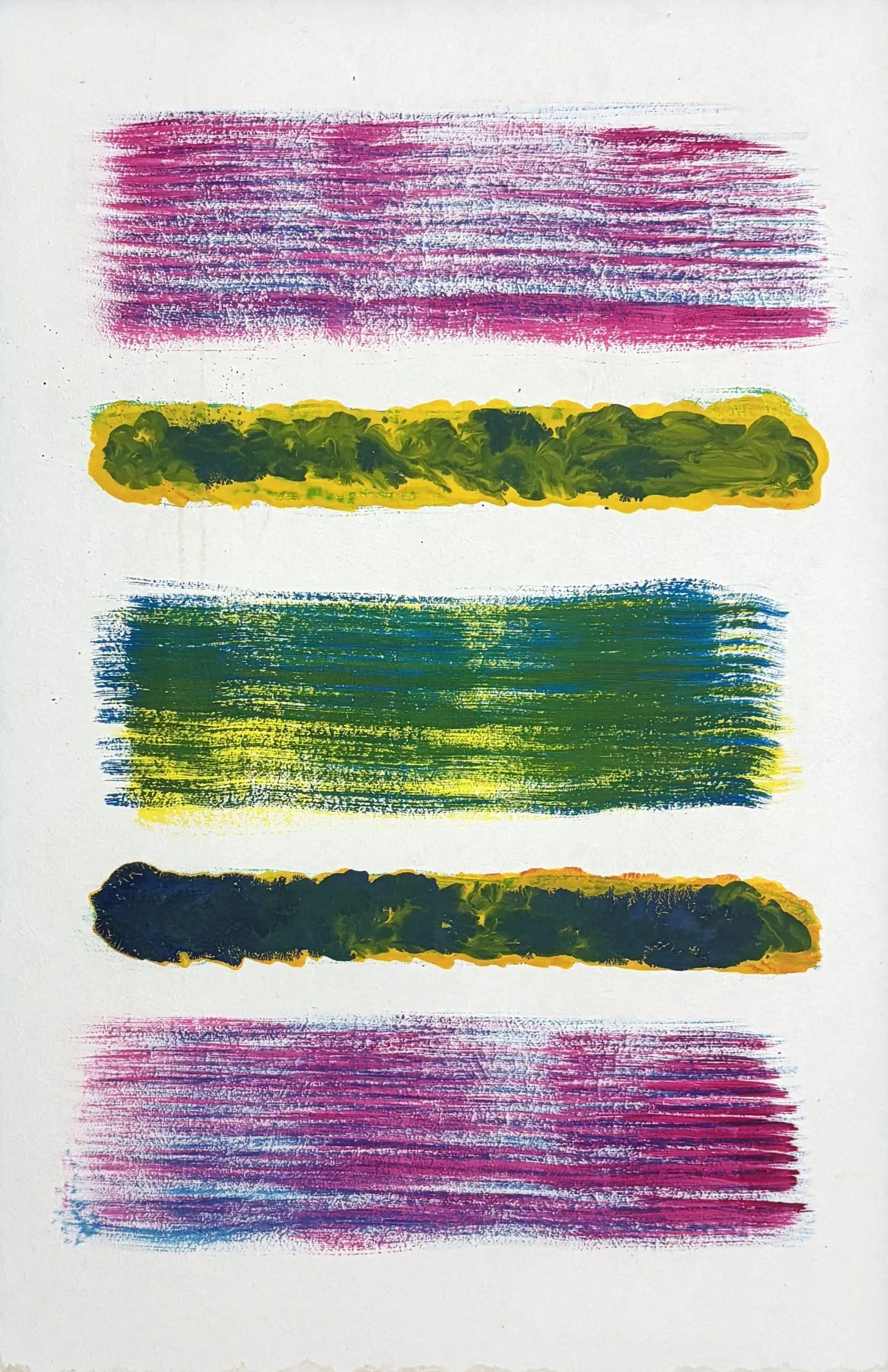 Dipinto astratto verticale acrilico su fondo bianco con cinque bande orizzontali: magenta, verde e giallo, verde acqua, blu notte bordato di giallo, magenta