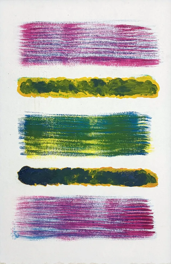 Dipinto astratto verticale acrilico su fondo bianco con cinque bande orizzontali: magenta, verde e giallo, verde acqua, blu notte bordato di giallo, magenta