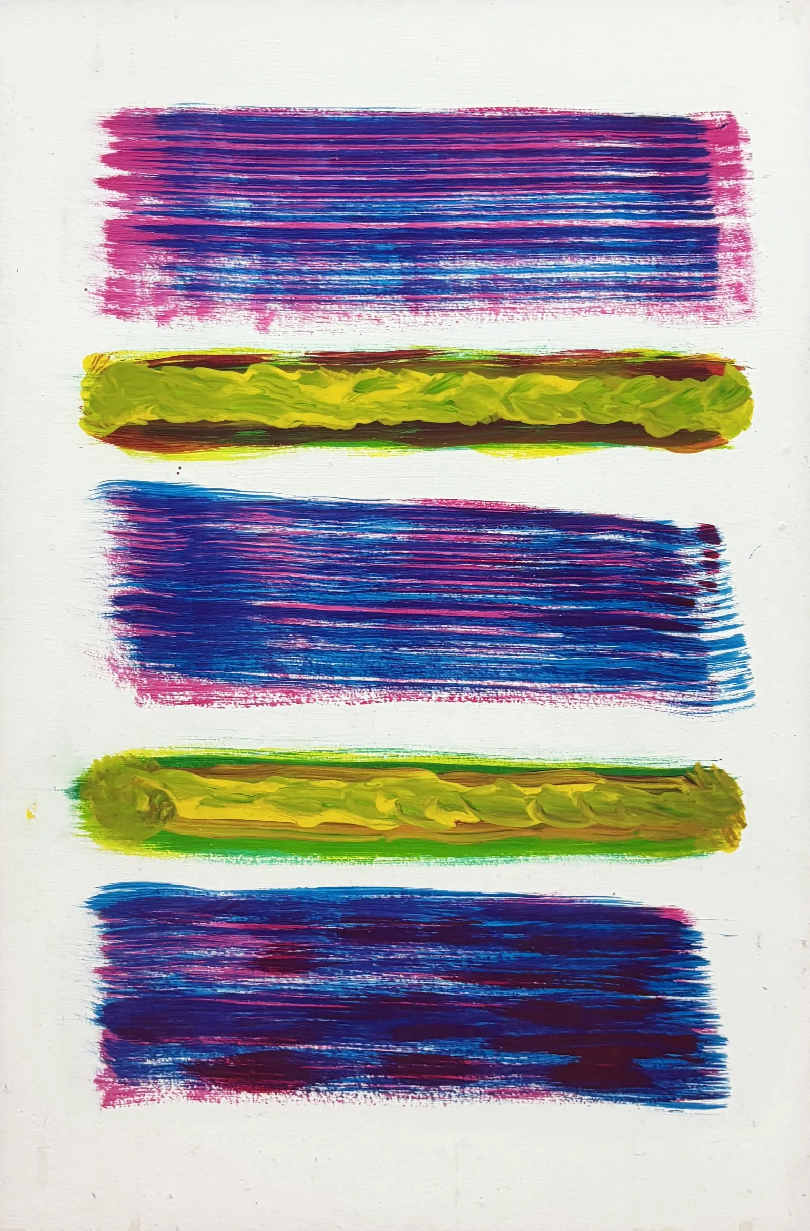 Vertical abstract acrylic painting on a white ground with three bands of blue, purple and magenta alternating with two yellow and green ridges