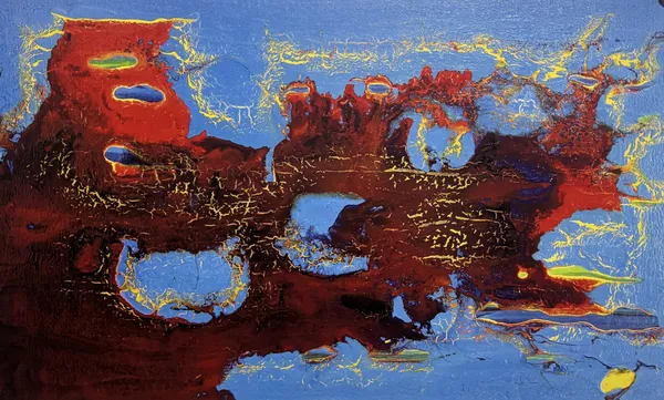 Dipinto astratto acrilico materico: masse rosse e bordeaux con crepe dorate e cavità azzurre su un fondo blu, come isole vulcaniche viste dall'alto