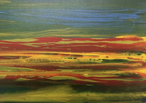 Dipinto astratto acrilico di paesaggio: cielo verde e blu striato in alto, fasce orizzontali di rosso, giallo e verde in basso, come una pianura al tramonto